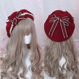 Lolita Daisy Bow Hat Kawaii Hair Akcesoria Zmęczeni Słodka Japan Kawaii Bow Cute Beret Hat Hat Hat Słodka słodka kobieta J220722