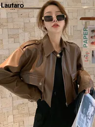 Lautaro Spring Short Brown Casual Faux Leather Jackets for Women Drop Shoulder Long Sleeve Pockets Zipper Cool Corp Top 2022 L220801