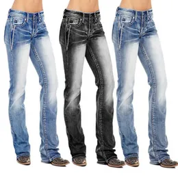 Calças de brim das mulheres Mulheres de cintura alta Roupas de bandeira americana Stretch lavado bootcut para calças vintage qualidade 2022 moda