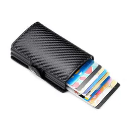 Kortinnehavare Business ID Badge Holder RFID Kolfiber Läder dubbelbox Metal Plånbok för män och kvinnor