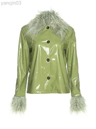 Onebling breasted traf rockar singel glansig casual woman tops lapptäcke faux läder fluffy 2022 fjäder za långjacka ärm pu l220801