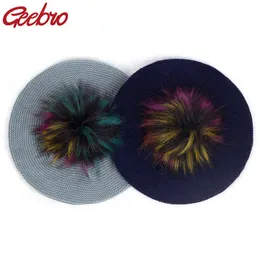 Geebro Sluchy Fashion dzianin beret dla kobiet akrylowe czapki faux futra pomysowe czapki kaptur solidny artysta wózek beret j220722