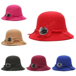 Vinter kvinnors hatt solid ull filt kupol fedoras hattar för kvinnor vintage bow blommor hink hatt chapeau feminino gorros