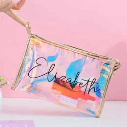 Personalized Transparent Makeup Custom Cosmetic Bridesmaid Clear Holographic Portable Storage Wash Bag Bridal Party Gift 220707