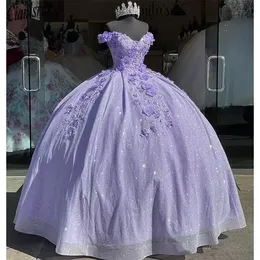 Lavendel Bling -Paillistin Spitze süß 16 Quinceanera Kleider 2022 von der Schulter 3d Blumenapplikationen Korsettkleid Vestidos de 15 Anos Masquerade xv Kleid B0624X03