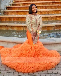 Aso Ebi Stil Orange Meerjungfrau Afrikanische Prom Kleider 2022 Für Schwarze Mädchen Goldene Perlen Strass Rüschen Party Kleid Robe De bal