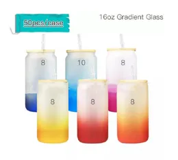 USA Warehouse 16oz Sublimation Glase Beer Mugs Gradient Glass Can Beer Can Glashin Tumbler竹のふたと再利用可能なストローでグラスを飲む