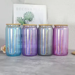 16oz Sublimation Glitter Beer Can 4 Color Clear Glass With Wooden Lids&Plastic Straws 500ml White Blank Water Bottles DIY Heat Transfer Wine Tumblers By Air A12