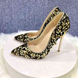 Designer-Color Bead Celebrity High Heels Kvinnors 12cm pekade tunna häl grunt mun singel skor