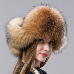 Natural Fur Russian Aviation Hat With Ears Ushanka Women Winter Warm Fluffy Stylish Female Tail Cap Fashion Real Hats 220817