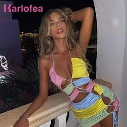 Karlofea Double Layered Patchwork Jersey Bodycon Mini Dress Female Celebrity Festival Party Clothing Sexy Rave Niglub Outfits 220509