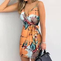 Casual Dresses Sommer Frauen Mode Vintage Blumendruck Minikleid 2022 Rückenlose Träger Weibliche Figurbetontes Sling V-Ausschnitt Böhmisches VestidosCasual