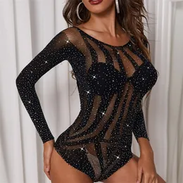 Ladies Sexy Lingerie Bodysuits Top Women Mesh Perspective Decor Long Sleeve Stripes Jumpsuit Night Clubwear Clothes 220518