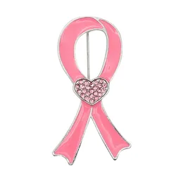 10 PCs/lote Broches personalizados de esmalte rosa formato de fita de coração rinestone câncer de mama conscientize pinos médicos