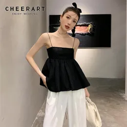 CHEERART Texture Puffy Black Tie Back Strap Summer Cami Top Women Casual Fashion Tube Tops 220519