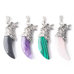 fashion mixed natural stone quartz wolf tooth Pendants necklace for alloy wolf head jewelry men charm 10Pcs Wholesale BZ904