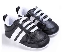 Baby skor födda pojkar sneaker tjejer två randiga första vandrare barn småbarn spets upp PU läder mjuka sålar sneakers 0-18 månader