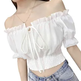 LJSXLS أبيض قميص شيفون قميص القوس القوس قصير الأكمام الصيف قمم النساء بلوزات القمصان غير الرسمية للسيدات القمصان 210401