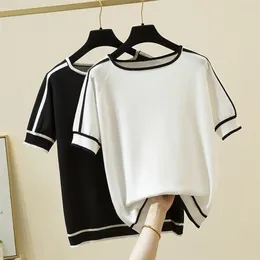 Camisetas Mujer 얇은 니트 티셔츠 여자 짧은 소매 여름 탑 여름 탑 여자 옷 스트라이프 패션 t 티 팜메 220407