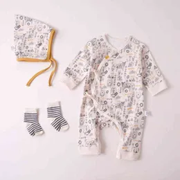 Nyfödda barn Baby Boys Girls Printing Jumpsuits   Hat Clothes Spädbarn Baby Boys Girls Long Sleeve Rompers Barn Rompers G220510