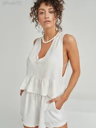 Hiloc, ropa de dormir Sexy de corte bajo, Top Peplum sin mangas, pijama de mujer, lencería íntima con cuello de pico blanco, conjuntos de mujer, traje de casa de verano L220803