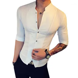 Stand Collar Chinese Style Shirt Men Slim Fit Clothes Male Half Sleeve 2022 Fashion Summer Solid Color Designer Night Club Tops Men's Casual