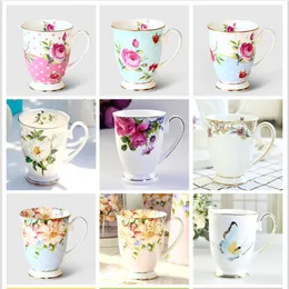 Muggar Bone China Coffee Cafe Floral Målning Frukost Milk Flower Tea Water Cup Ceramic Vintage Goblet Cups and Present Mugs