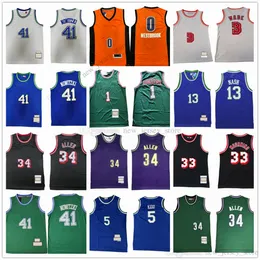 Mitchell ve Ness Basketbol 34 Ray 41 Dirk Allen Nowitzki Formalar Retro Dikişli Kidd Nash Westbrook Robertson 1998-99 Beyaz Mavi Yeşil 1996-97 Mor Siyah #34 Jersey