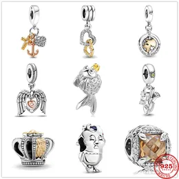 925 Sterling Srebrny Dangle Charm Heart Watering Can Fork Fit Pandora Charms Bransoletka DIY Akcesoria biżuterii