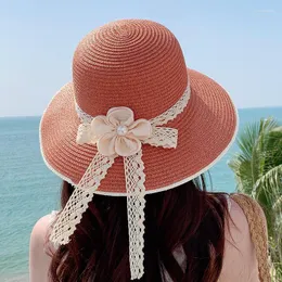 Szerokie brzegowe czapki Summer For Kobiet Korean Travel Mała świeża koronkowa wstążka Peach Blossom Słomka Kapelusz Słońce Hatwide Chur22