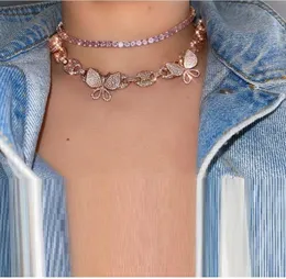 سلاسل 15 "16" Iced Out Pink CZ Butterfly Shape Stoker Necklace for Hip Hop Fashion Punk Women Coffee Bean Chain Wedding Jewe