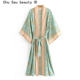 빈티지 Boho Floral Print Long Kimono Cardigan 여름 탑 벨트 비치웨어 멍청이 Blusas Mujer 210326