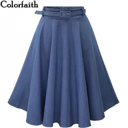 Autumn Winter Fashion Women Skirt Vintage Retro High Waist Pleated Midi Skirt Denim Flared Belt Skirt Saia Femininas SK098 210306