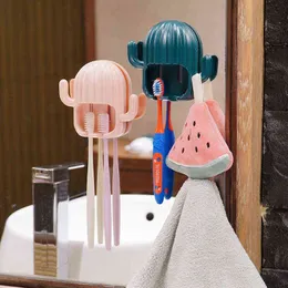Plastic Cactus Toothbrush Holder Wall Self-adhesive Toothpaste Storage Rack Shaver Tooth Brush Dispenser Bathroom