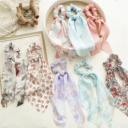 Sweet Fresh Floral Print Hairbands Handmade Elastic Rubber Bands Women Long Ribbon Ponytail Holder Simple Headwear Hair Accessories