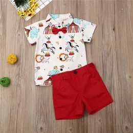 Roupas Conjuntos de 1 a 5 anos de roupa de meninos Conjunto de camisa de circo engraçado Camisa vermelha calça curta gravata arco crianças roupas infantis