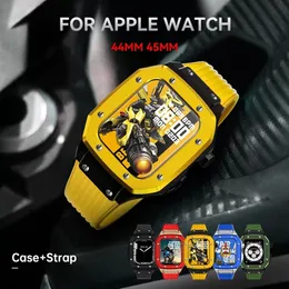 Luxury Metal Case with Straps For Apple Watch Se 7 6 5 4 2 in 1 Stainless Steel Cover Band For iWatch 44 45mm Silicone Modification Kit Protective Shell