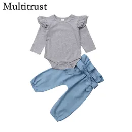 Citgeett Toddler Baby Girl Cotton Grey Tops Romper Bow Denim Spods Outfits Autumn Casual Solid Clothing J220711