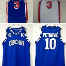 SJZL98ヴィンテージDrazen 3 Petrovic Jerseys Cibona ZagrebカレッジバスケットボールDrazen 10 Petrovic Jerseyブルー通気性スポーツシャツステッチ