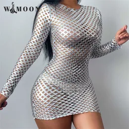 Outono Sexy Bodycon Vestido Oco Silver Diamond Mesh Club Manga Longa Mini Lápis Festa para Mulheres 220728