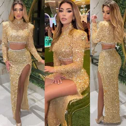 2022 Plus Size Arabic Aso Ebi Gold Two Pieces Prom Dresses Sequined Lace Evening Formal Party Second Reception Birthday Engagement Gowns Dress ZJ673