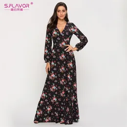 Sflavor Summer Women Bohemian Long Dress sexy sexy deeply vneck printing maxi vestidos de summer boho beachドレスT200604