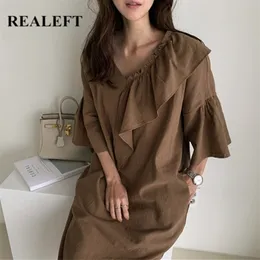 Realeft Summer New Castary Ruffles Long Dresses短袖Vneckフレアスリーブハイウエスト韓国スタイルのルーズドレスレディースT200613