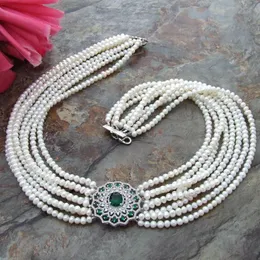 チェーンナチュラル8 strands 4-5mm白い淡水真珠のネックレス19-20 "グリーンジルコンペンダンチン