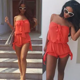Women's Jumpsuits & Rompers Summer Women Sexy Jumpsuit Off Shoulder Lace-up Sleeveless Elastic Solid Color Casual Short Romper YAA99