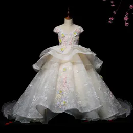 2022 Gold Flower Girl Kleider für Hochzeitsjuwel Hals Ball Kleid Spitze Appliques Perlen mit Bogen Kinder Mädchen Pageant Kleid Sweep Zug Geburtstagskleider