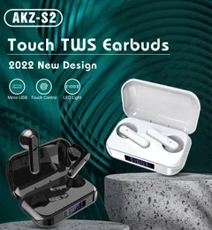 Ny mode AKZ-S2 TWS hörlurar Hörlurar Smart LED Digital Display Game Low Latency Waterproof Mini Wireless Headset Earbuds