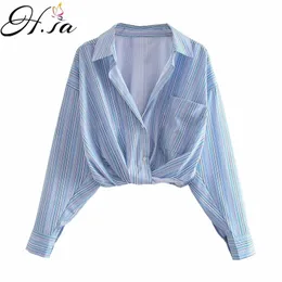 Hsa Summer Chic Blusas for Women Vertical Chis Blouses Long Sleeve Turn Down Low Collar Elegant Formal Blue Striped Tops 210716