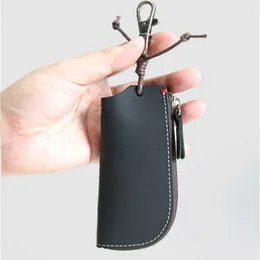 Nyckelringar retro läder blixtlåsbil nyckel förvaring väska nyckelring äkta första lager kohud mynt handväska auto multifunktionskedja baggeychains fi