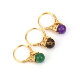 Anillos de banda chapados en oro con cuentas de piedra Natural de 10mm para mujer y niña, joyería de decoración trenzada hecha a mano para fiesta y Club